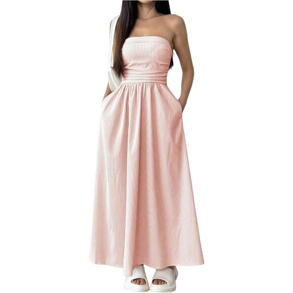 Dresses & Skirts - Women's Light Pink Strapless Maxi Dress Summer Tube Top Long With Pocket